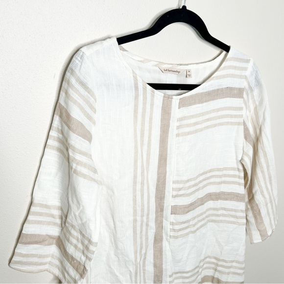 Soft Surroundings Linen Tan White Stripe Dress Flowy Size Medium Women’s - Picture 2 of 5